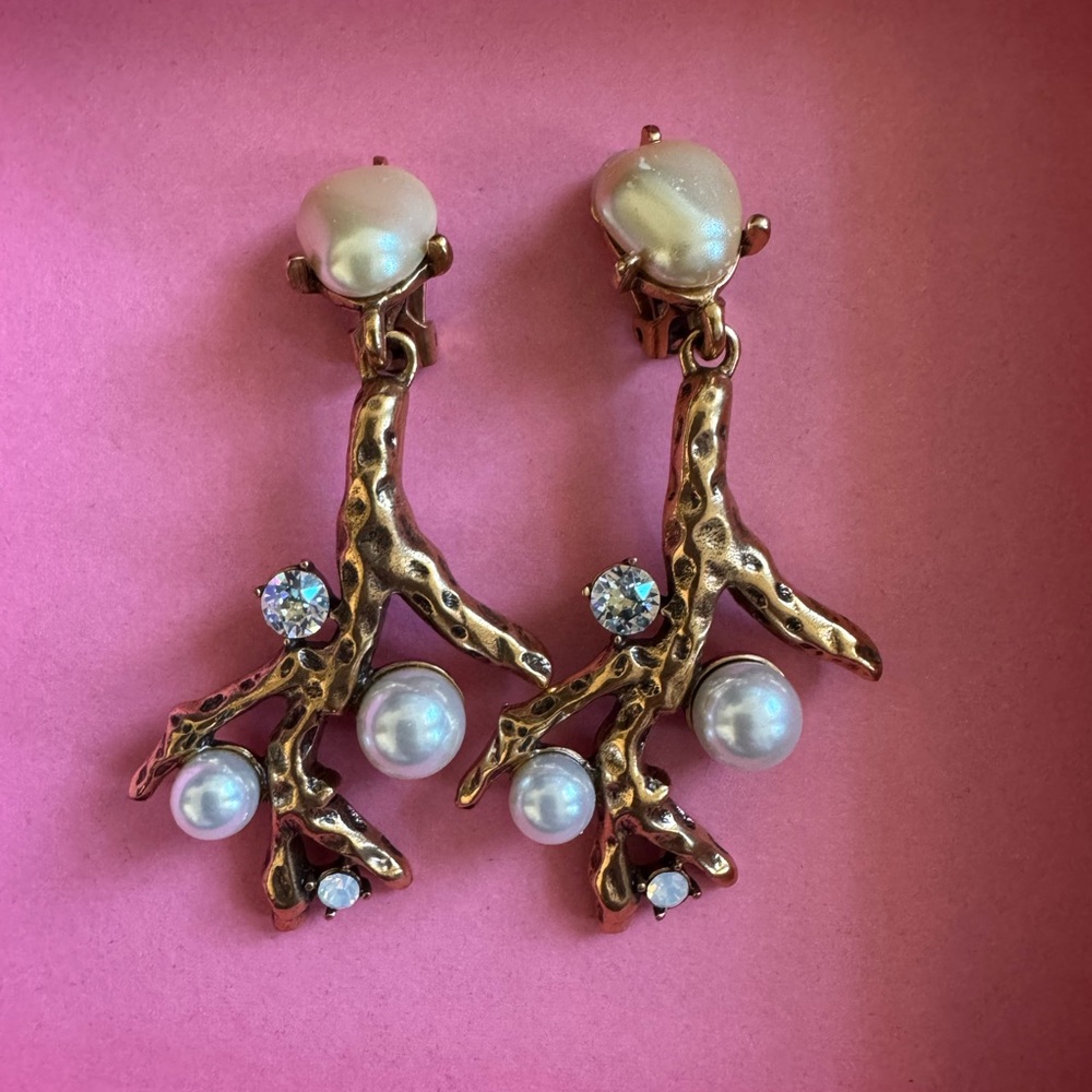 Oscar de la Renta Swarovski Crystal Faux Pearl Coral Branch clip-on earrings